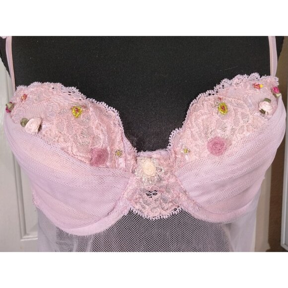 Vtg Y2K Delicates Mesh Babydoll Slip Dress M Embroidered Beaded Coquette Floral - Picture 3 of 10